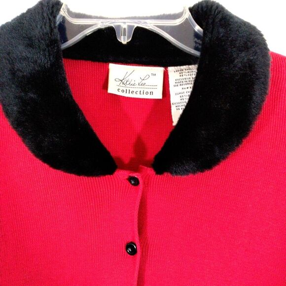 Kathie Lee Collection Vintage Cardigan Sweater S Red Black Faux Fur Button Front - Picture 3 of 6